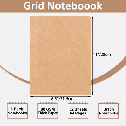 YBCPACK Kraft Grid Notebook A4, 6 Notebook Set, Grid Notepad with 64 pages (32 sheets), Notepad for office, school & travel (21.6x28cm)