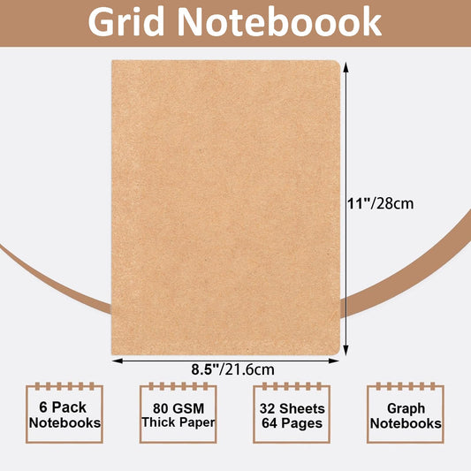 YBCPACK Kraft Grid Notebook A4, 6 Notebook Set, Grid Notepad with 64 pages (32 sheets), Notepad for office, school & travel (21.6x28cm)