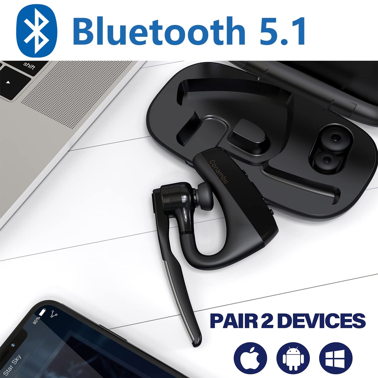 Conambo Bluetooth V5.1 K18 wireless earpiece with CVC 8.0 and ENC dual mic noise cancellation, headphones with mute microphone for driving/office/business for iPhone Android.