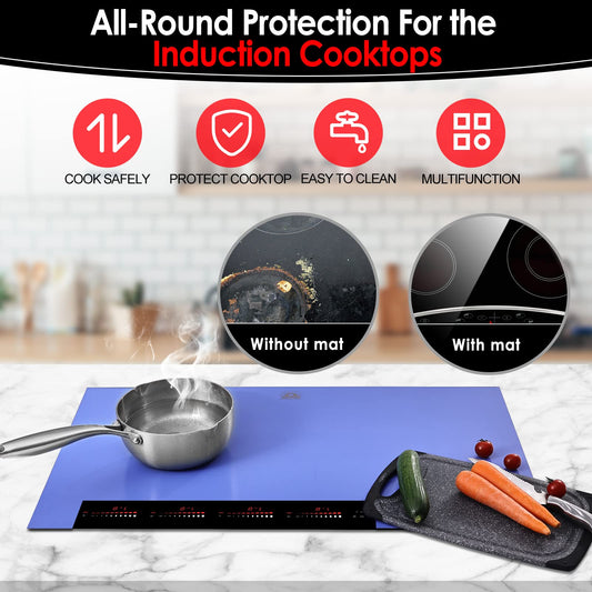 KitchenRaku Large Induction Protection Mat, Non-Slip Silicone Induction Cooktop Protection Mat (magnetic) Cooktop Scratch Protection for Induction Cooktop (61x53cm, Blue)