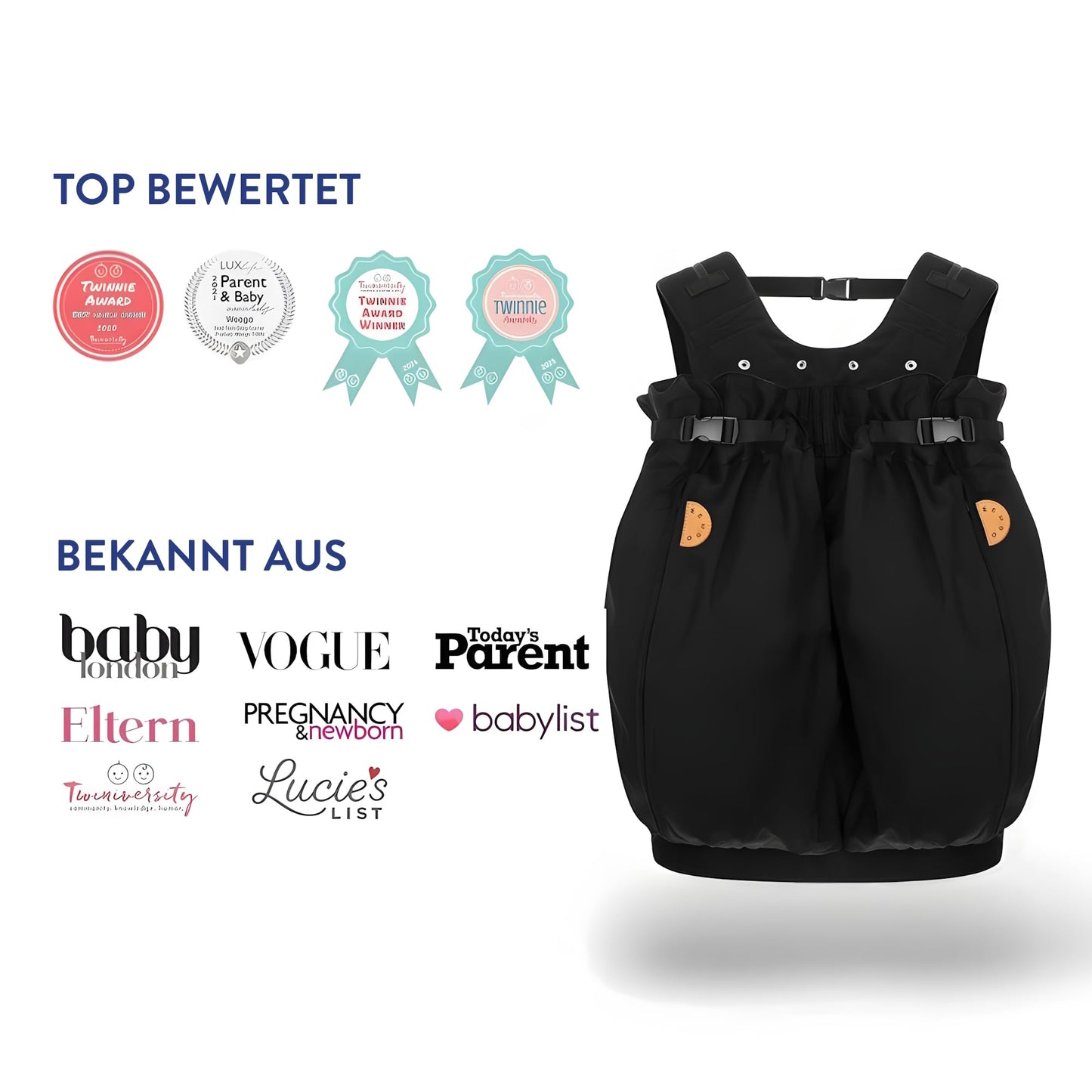 Weego TWIN - The original baby carrier for twins right after birth (from 1,800 grams) - easy to use, ergonomic, OEKO-TEX 100 - Model "Simply Black"