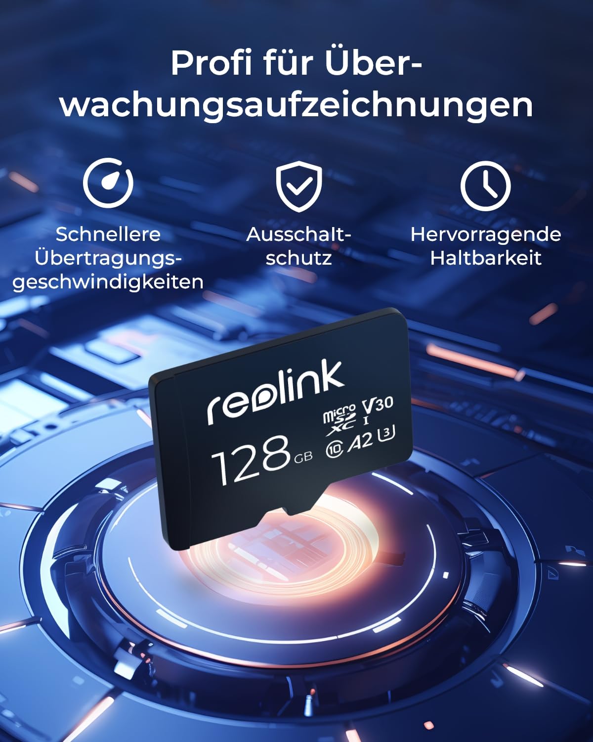 Reolink 128GB microSDXC memory card, Class 10, A2, V30, U3 TF card, compatible with surveillance camera, also for smartphone, action camera or drones, up to 100MB/s