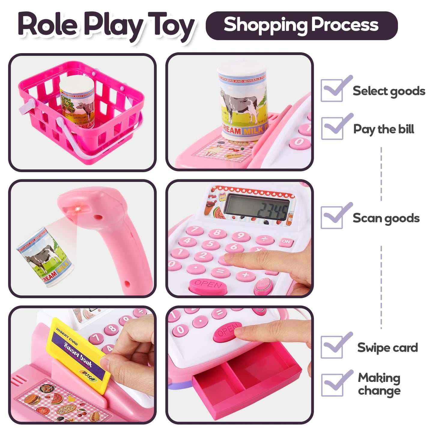 Toy cash register for children with scanner and sound, toy shop accessories, toy cash register, toy supermarket role-play gift for girls and boys aged 3 and up