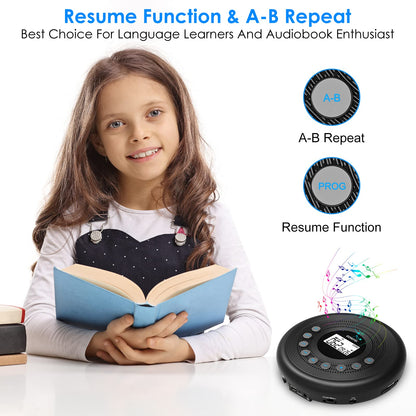 Portable CD Player Bluetooth with speakers, rechargeable 1400mAh portable CD player with shockproof/anti-skip protection, headphones and AUX cable, for car, home & travel.