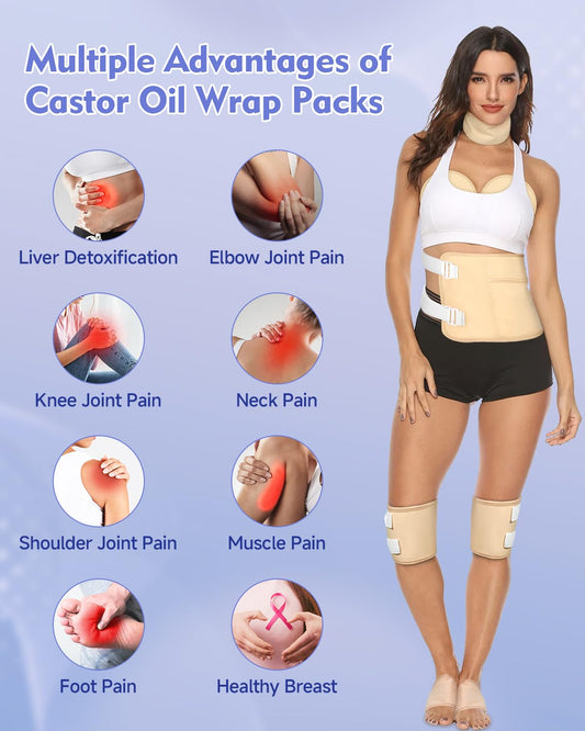 9PCS Castor Oil Pack Wrap Kit, Reusable Organic Pack with Adjustable Straps for Neck Shoulder Chest Waist Knee and Feet, Castor Oil Pack for Women (No Castor Oil)