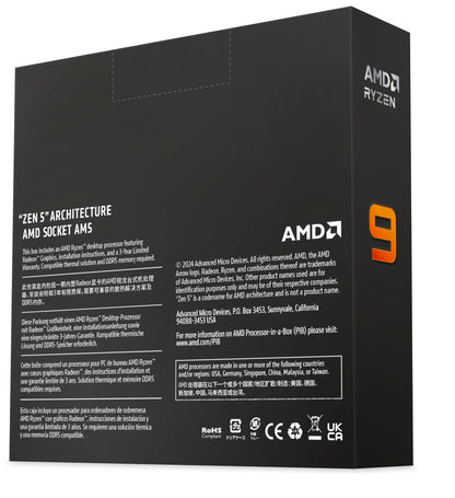 AMD Ryzen 9 9950X processor (integrated Radeon graphics, 16 cores/32 threads, 170 W TDP, AM5 socket, 80MB cache, up to 5.7 GHz boost frequency, no cooler)