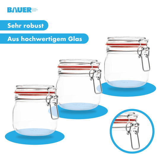 Bottle maker - 6-piece set of 634ml wire bail jars, suitable for canning and fermenting, for storage, filling, wire bail jars including labels - Made in Germany