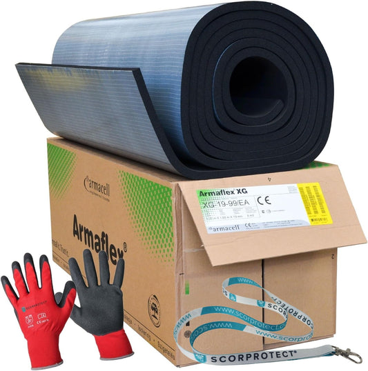 Armaflex original XG rubber sheet self-adhesive (insulation thickness 19 mm 1000 x 6000 mm = 6 m²) + red gloves CAT2 + SCORPROTECT® keychain.