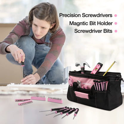 WORKPRO Pink Tool Set Pink Tool Box 106-piece Household Tool kit Repair including bag with wide opening 34cm Ideal Gift for DIYers