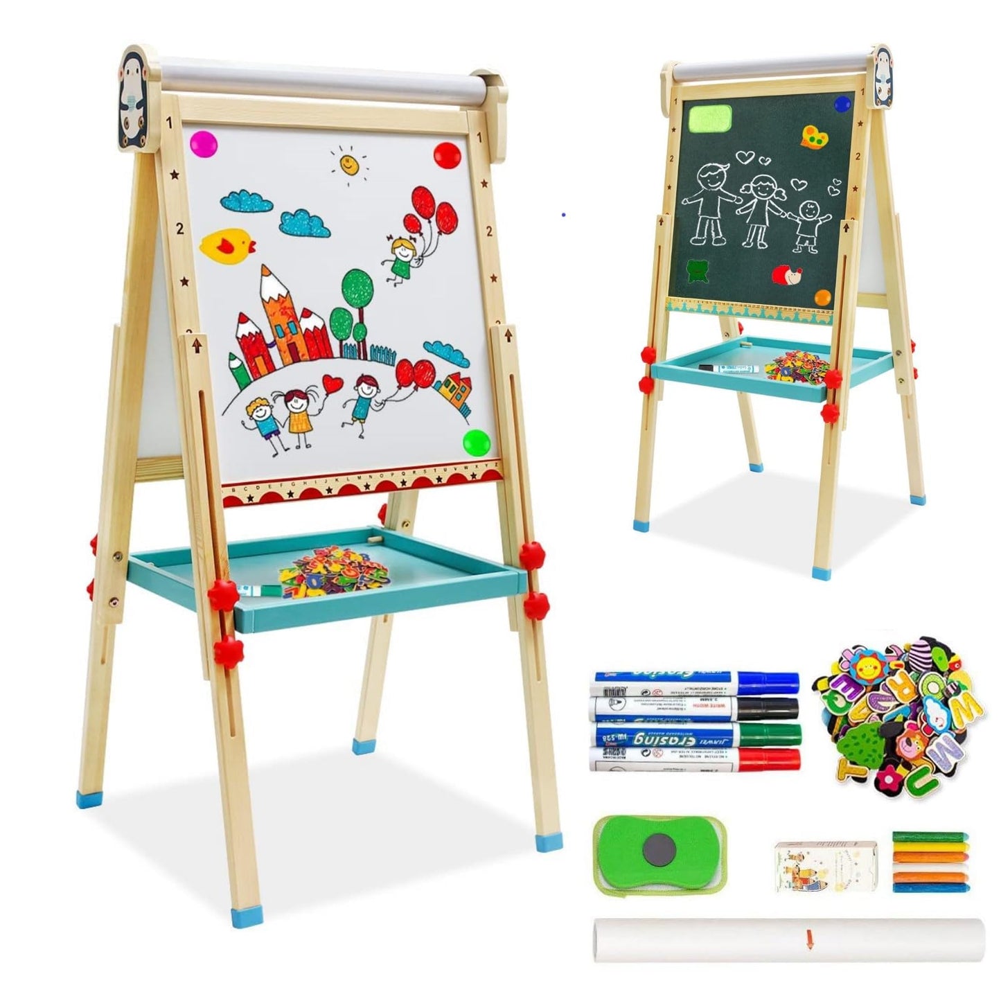 Children's easel with paper roll, double-sided whiteboard and chalkboard. Adjustable standing easel with numbers and other accessories for kids and toddlers.