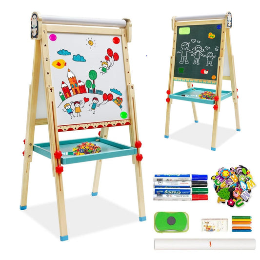 Children's easel with paper roll, double-sided whiteboard and chalkboard. Adjustable standing easel with numbers and other accessories for kids and toddlers.