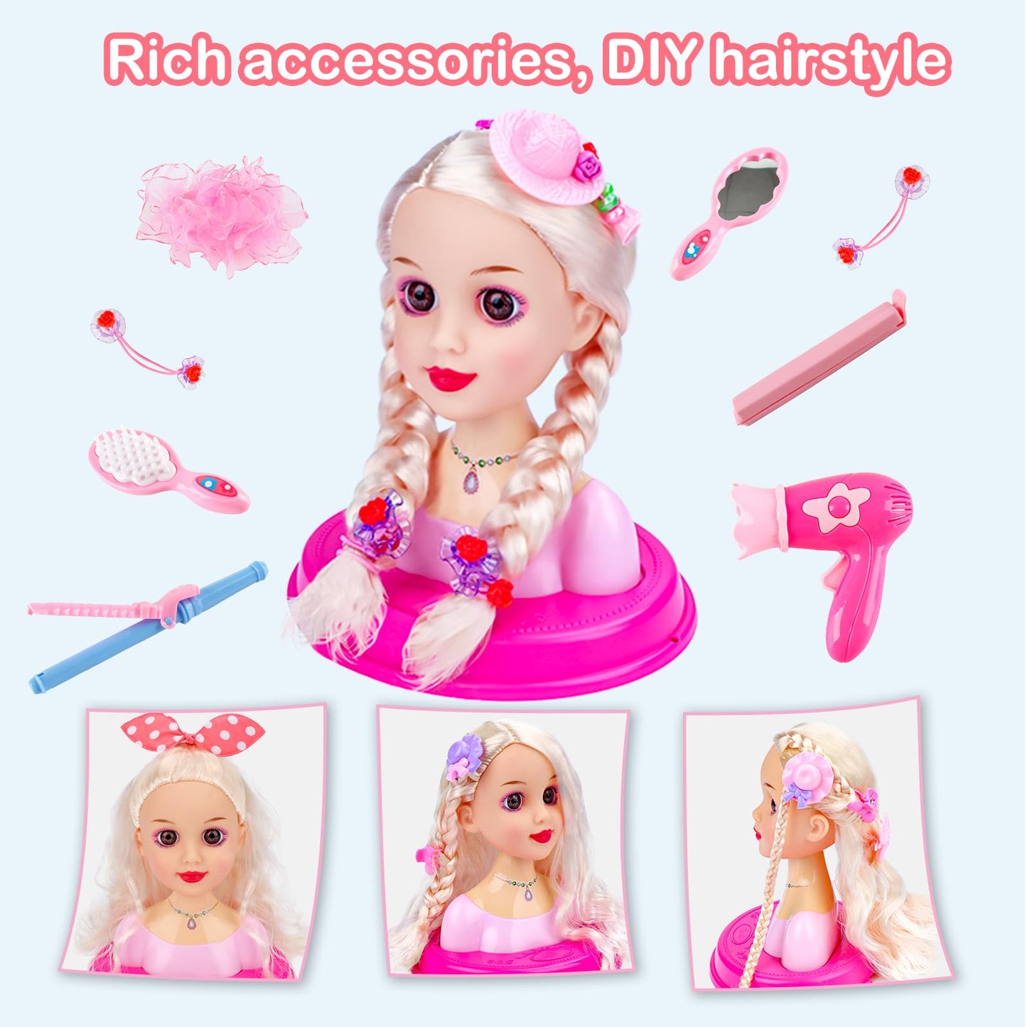 deAO Styling Head Doll for Kids, Styling Doll Head with Hair Dryer, Styling Head for Princess Dolls, Hair & Makeup Accessories, Toy for Girls 3+ years old