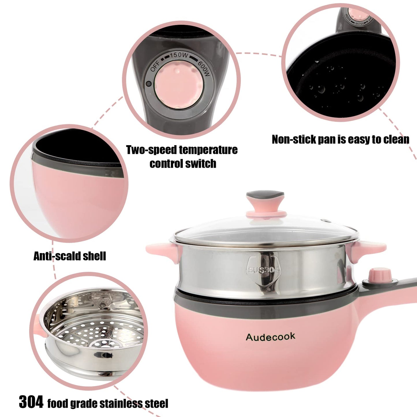 Audecook Electric Hot Pot with Steamer, 1.5 L/20cm Electric Frying Pan Hotpot Pot Non-Stick Mini Electric Skillet, Multicooker for Dorm Ramen, Steak (C (pink/1.5l with steamer))