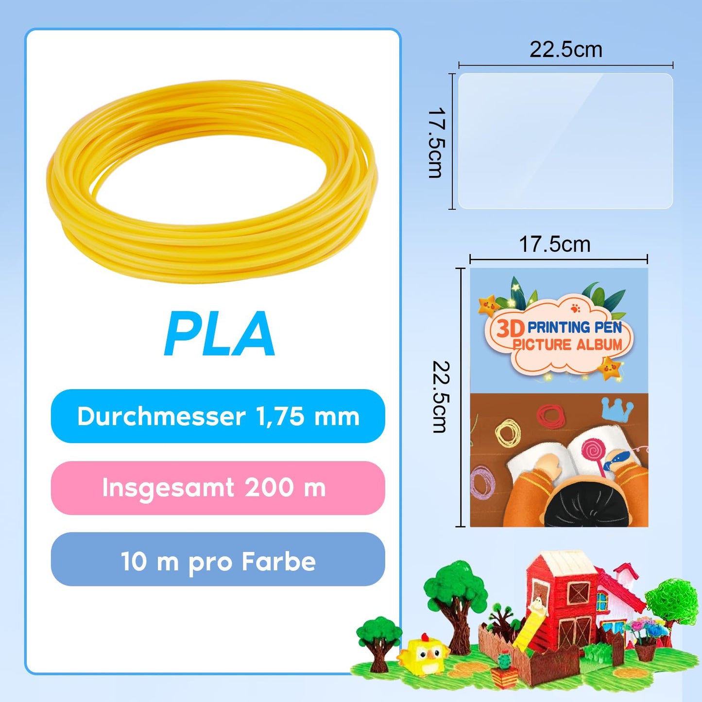 AFXXE 3D Pen filament PLA, 20 colors, 10m each - 3D Pen Filament 1.75mm with templates set for kids & adults, 3D Pen accessory filament with stencils for ODRVM, Tecboss, Lovebay, 3D printer Pen.
