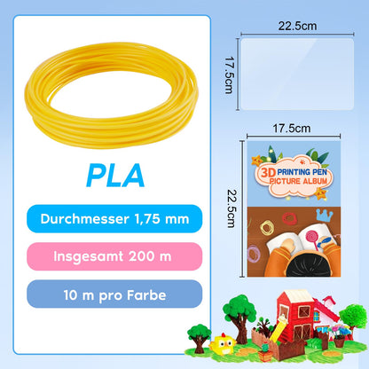 AFXXE 3D Pen filament PLA, 20 colors, 10m each - 3D Pen Filament 1.75mm with templates set for kids & adults, 3D Pen accessory filament with stencils for ODRVM, Tecboss, Lovebay, 3D printer Pen.