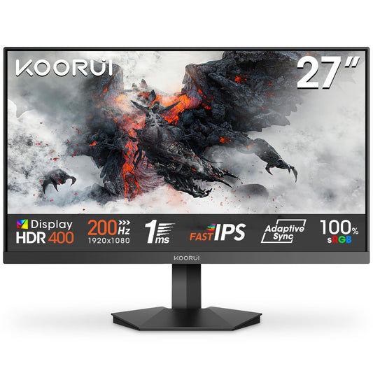 KOORUI G2711P 27-inch gaming monitor, 1ms 200Hz FHD Fast IPS HDR400 screen, 100% sRGB Adaptive Sync VESA 75x75mm.