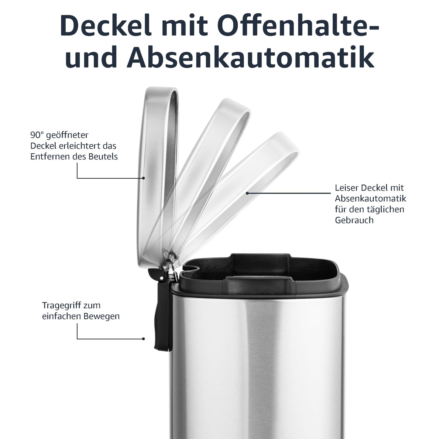 Amazon Basics Mini Waste Bin, rectangular, dirt-repellent, with soft-close foot pedal, brushed stainless steel, for bathrooms and small spaces, 5 liters, satin finish, 18.5 x 21.6 x 29.9 cm (L x W x H)
