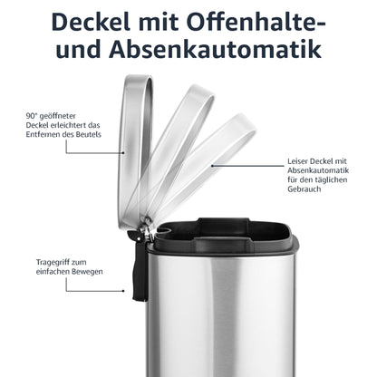 Amazon Basics Mini Waste Bin, rectangular, dirt-repellent, with soft-close foot pedal, brushed stainless steel, for bathrooms and small spaces, 5 liters, satin finish, 18.5 x 21.6 x 29.9 cm (L x W x H)