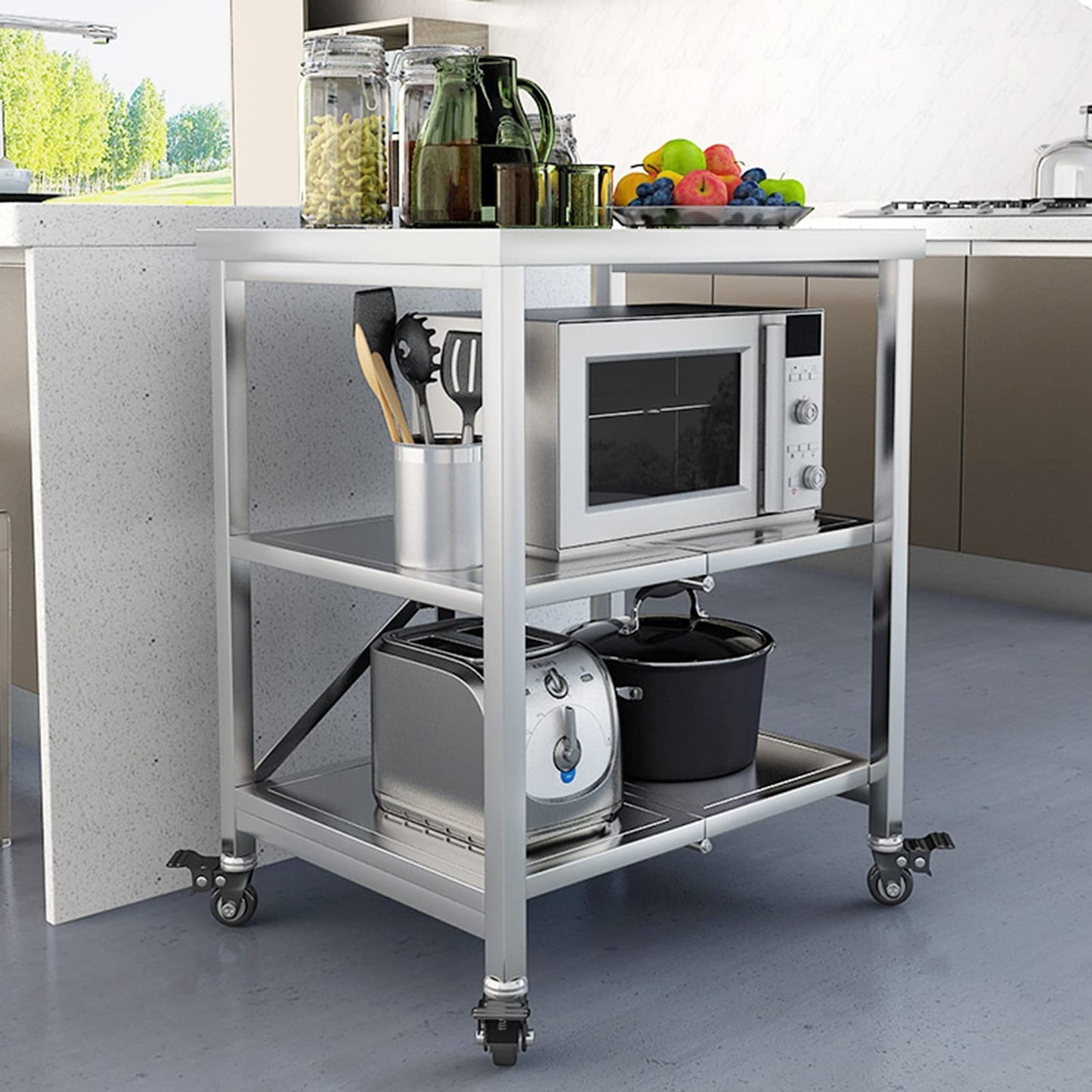 AMSXNOO Stainless Steel Serving Cart, 3 Tier Foldable Serving Cart Stainless Steel Trolley Kitchen Table with 4 Wheels Stainless Steel Food Preparation Table Microwave Holder Space-saving for Kitchen.