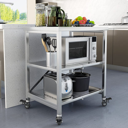 AMSXNOO Stainless Steel Serving Cart, 3 Tier Foldable Serving Cart Stainless Steel Trolley Kitchen Table with 4 Wheels Stainless Steel Food Preparation Table Microwave Holder Space-saving for Kitchen.
