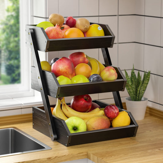 G.a HOMEFAVOR Bamboo Fruit Basket 3 Tier Removable Fruit Stand Storage Holder for Vegetables Snacks Bread Kitchen, Black