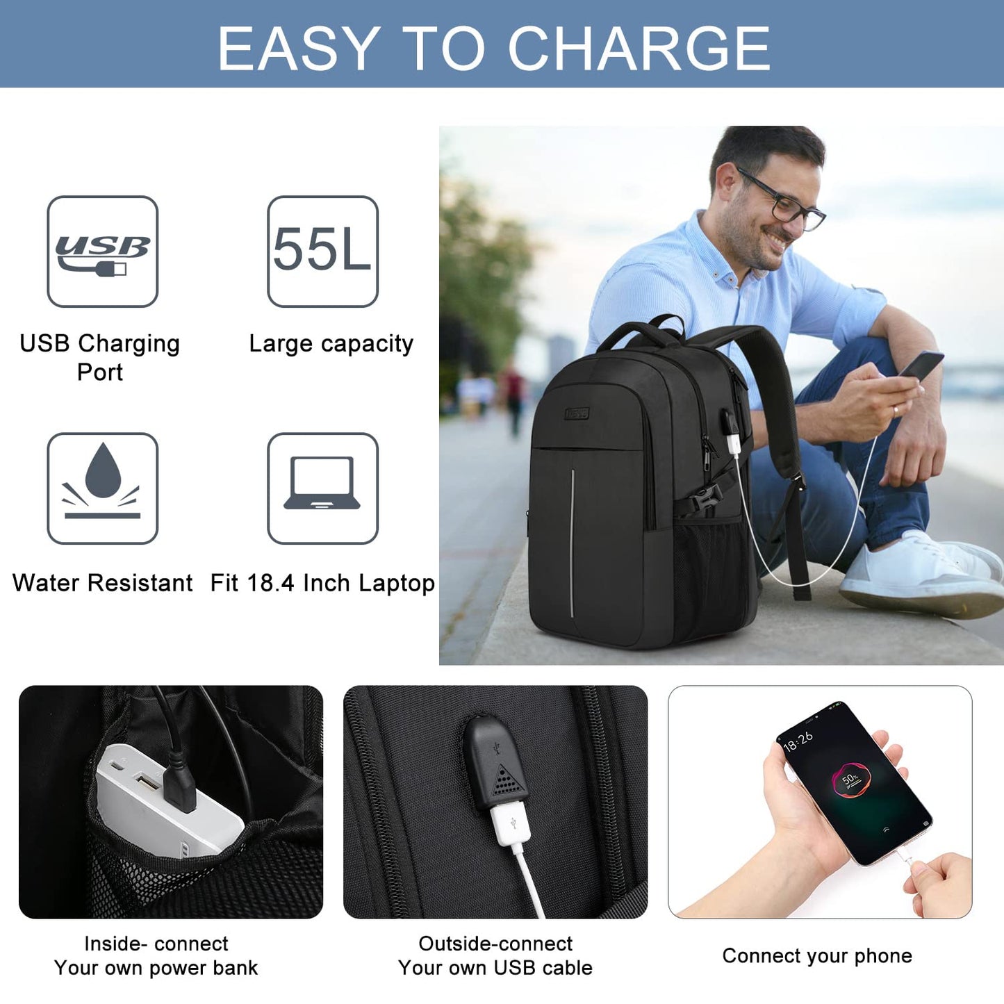Extra Large Backpack for Men 55L, 18.4 Inch Laptop for School Work with USB Charging Port Waterproof Business Travel Notebook Bag School Backpack for Men Women Boys Teenagers Black