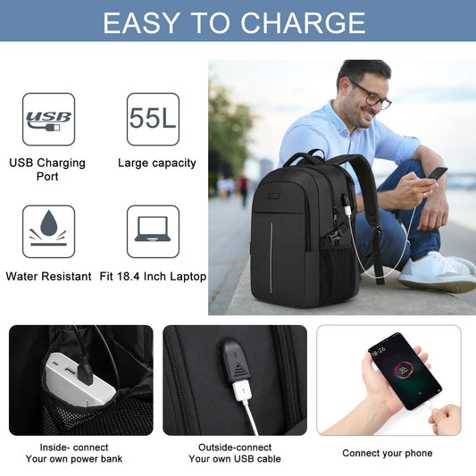Extra Large Backpack for Men 55L, 18.4 Inch Laptop for School Work with USB Charging Port Waterproof Business Travel Notebook Bag School Backpack for Men Women Boys Teenagers Black