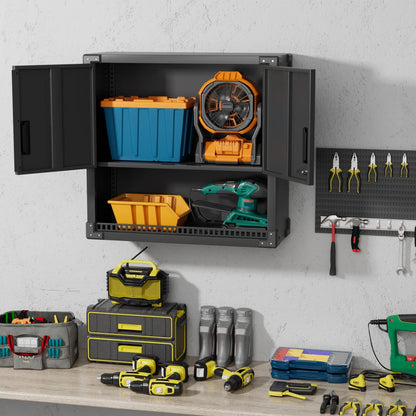 SUPER wall cabinet metal tool cabinet with 1 adjustable shelves & 2 doors & 1 drawer, lockable wall cabinet made of stainless steel, garage workshop kitchen, H77 × W80 × D30cm, black