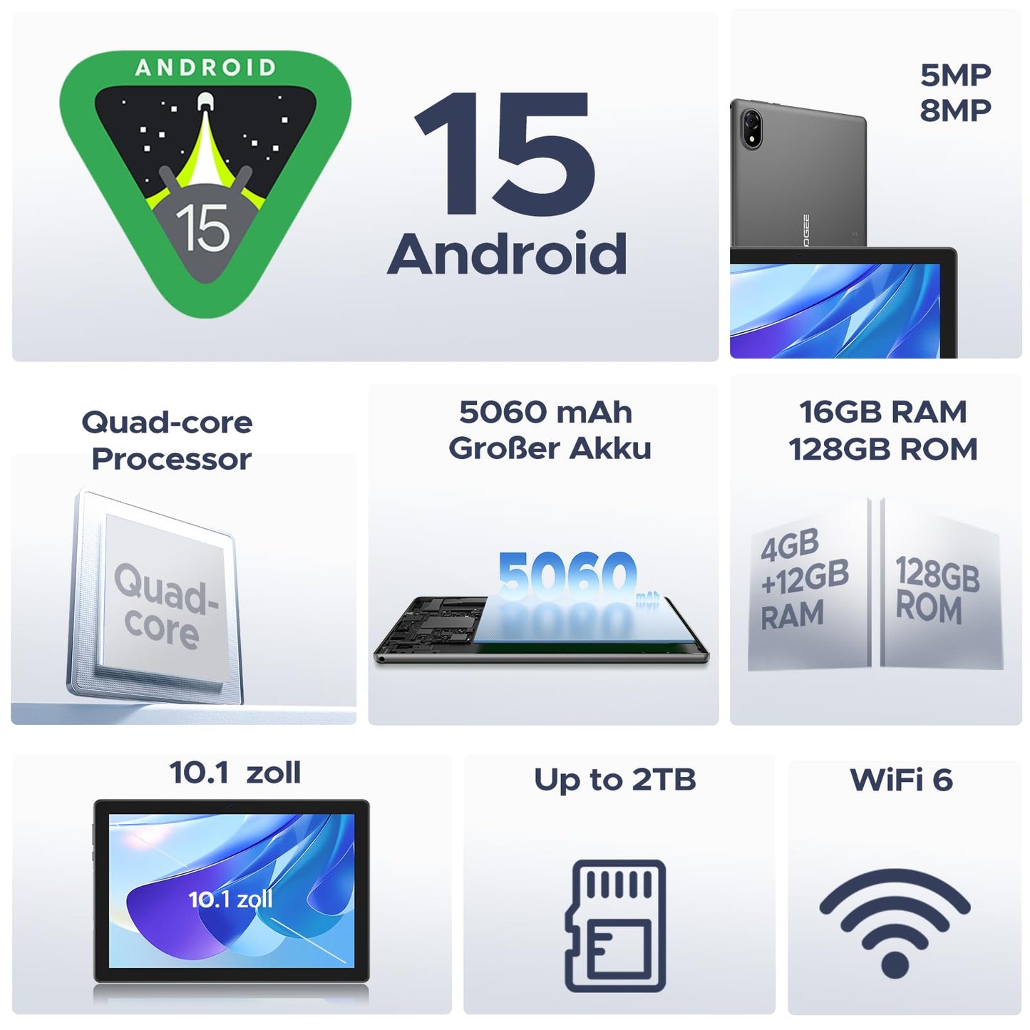 DOOGEE U10 2025 Latest Android 15 Tablet 10 Inch, 16GB RAM+128GB ROM (2TB TF) Kids Tablets PC 5060mAh Gaming Tablet Android, Widevine L1/ 8MP+5MP Dual Camera/WiFi 6/ Type C/ 3.5mm Headphone Jack