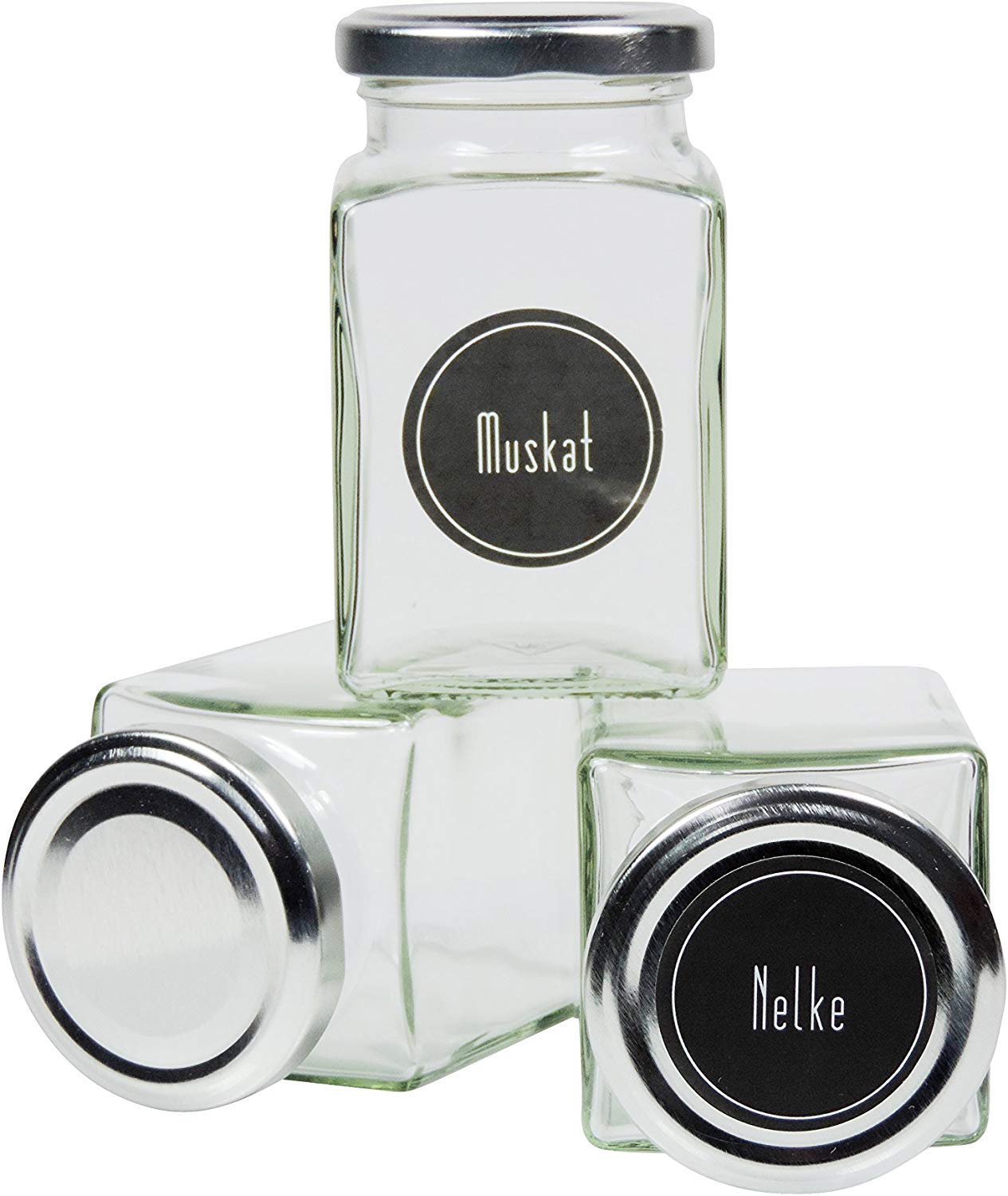 12 square spice jars 260 ml including 24 spice labels, silver lid color