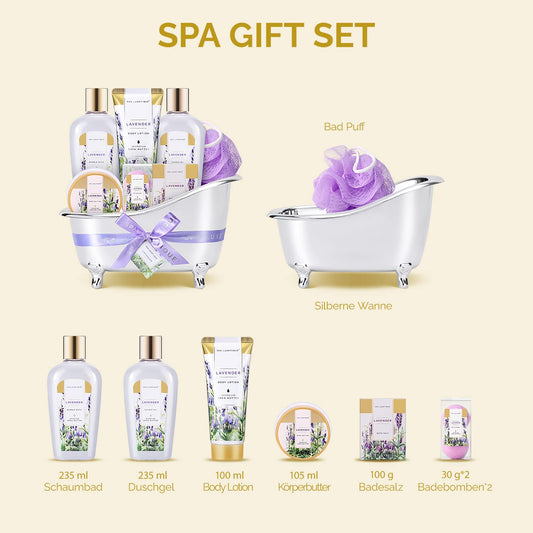 SPA LUXETIQUE Bath Gift Set for Women - 8pc Lavender Scented Wellness Set, Birthday Beauty Set with Decorative Bathtub, Valentine's Day Gift for Her, Mother's Day Gift.