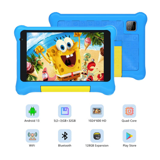 HotLight Kids Tablet 7 Inch, Tablet for Kids with Android 13, 5GB RAM+32GB ROM+128GB Expandable, Wi-Fi, Bluetooth, Type-C, Kids Tablet with Quad Core Blue