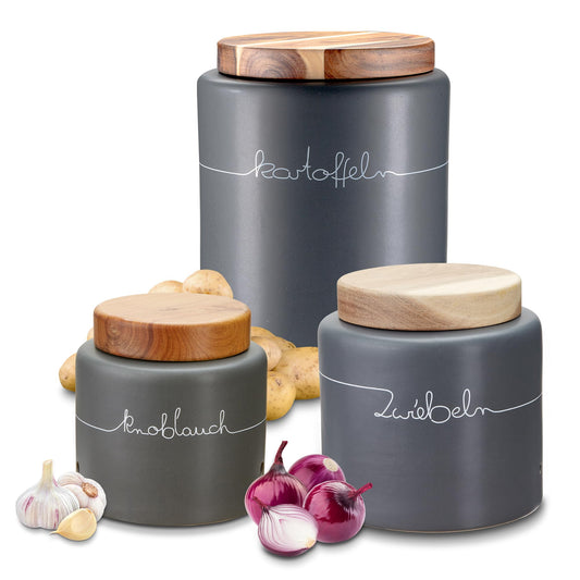 KHG Potato Onion Garlic Storage 3pc Set, Ceramic Stoneware polished, Charcoal Gray Wood Lid Bamboo, Ornate Script, Capacity 3L & 1.5L