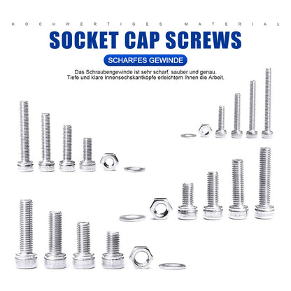 880 Pcs Stainless Steel Hex Head Button Screws, Nuts, and Washers Assortment Kit with flat storage case box + Allen key.