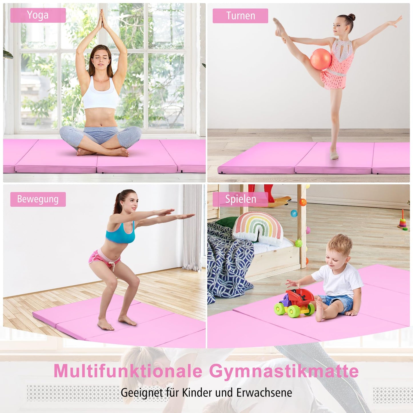 COSTWAY 240 x 120 x 5 cm soft floor mat, foldable gymnastics mat with Velcro closure and 2 carrying handles, gymnastics mat, foldable mat, fitness mat for gymnastics, yoga, home training (pink)