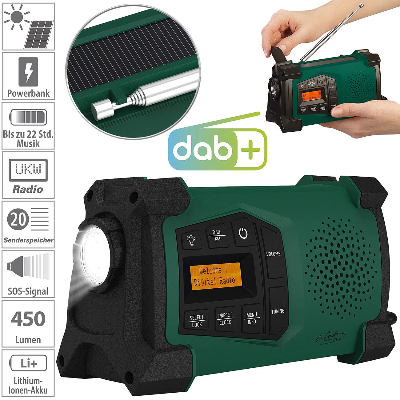 infactory Dynamo Radio: Mobile hand crank radio with DAB+, EWF function, solar panel, LED, USB (radio with hand crank, DAB solar radio, speaker iPad)