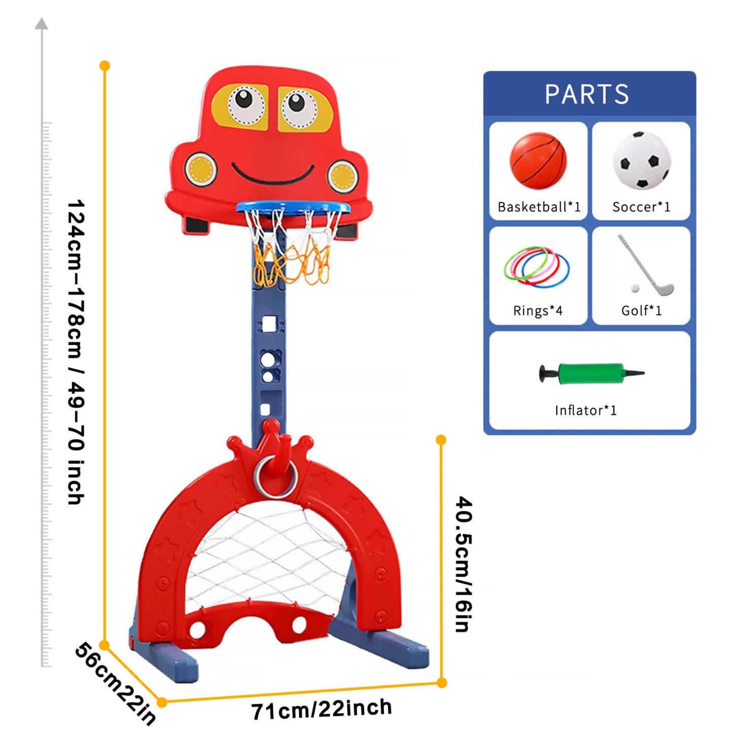 Kids Basketball Hoop Stand, Adjustable Height from 124 to 178 cm. Basketball set with adjustable hoop, soccer goal, and ball games. Interactive learning toy for babies, toddlers (red).