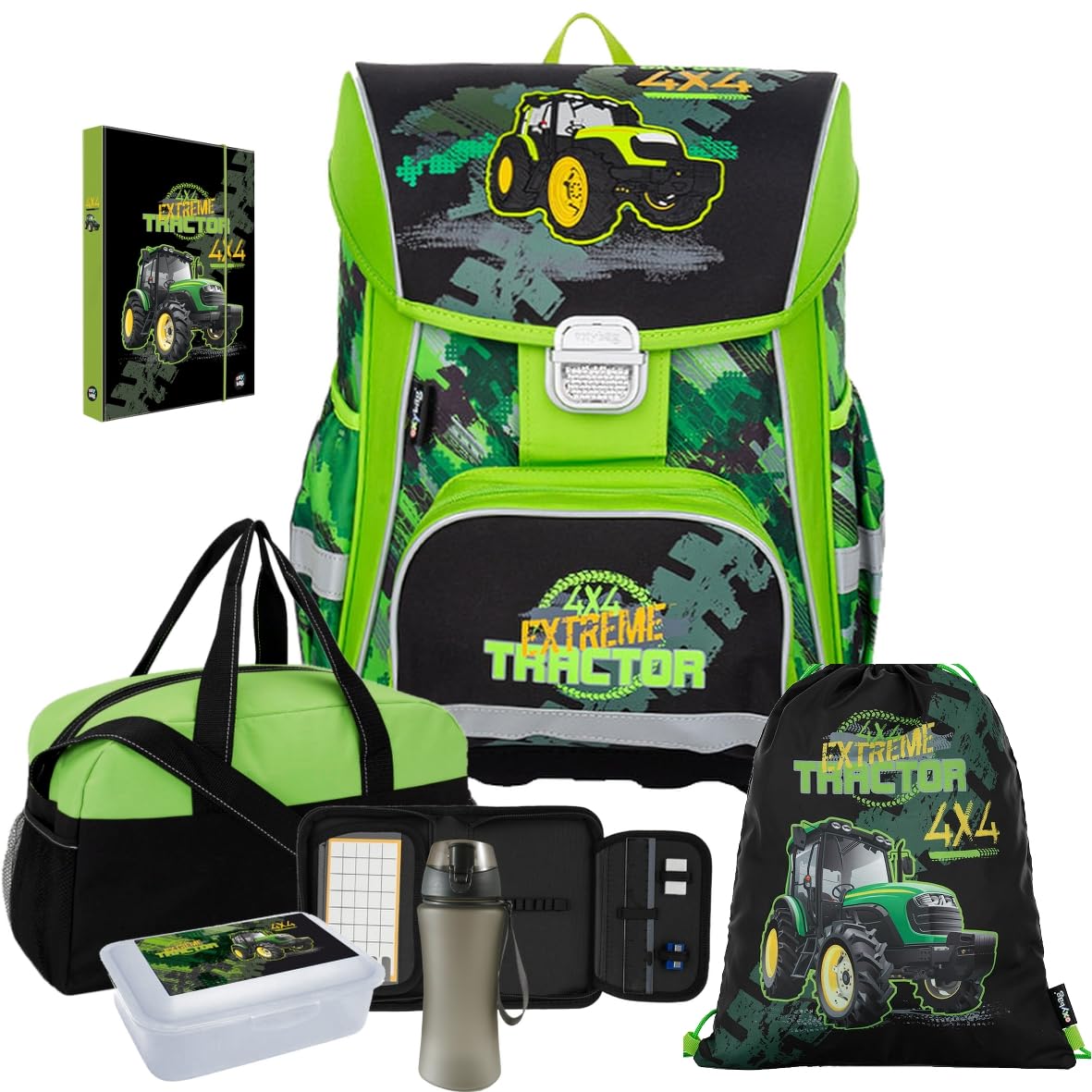 Generic tractor - bulldog - oxy bag PREMIUM school bag set 7 pieces with sports bag, lunch box, water bottle, and exercise book A5