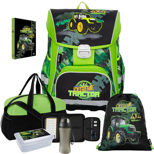 Generic tractor - bulldog - oxy bag PREMIUM school bag set 7 pieces with sports bag, lunch box, water bottle, and exercise book A5