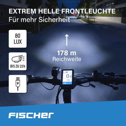 Fishing bicycle lighting set 80/40/20 lux, rechargeable light set Twin, front and 360° rear light, with battery and USB charging function, 3 lighting modes, splash protection according to IP44, approved by StVZO.