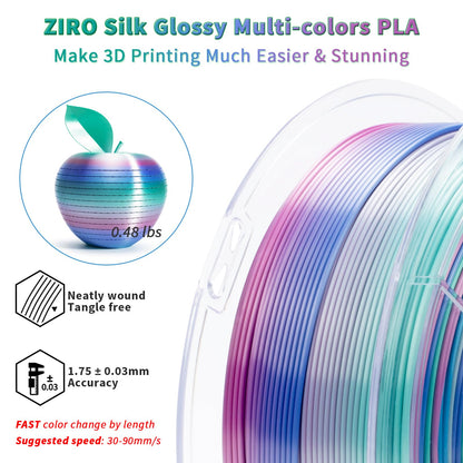 ZIRO Silk Multicolor 3D Printer Filament, Silk Rainbow PLA Filament 1.75mm, Fast Gradient PLA 1kg for Most 3D Printers, Dimensional Accuracy +/-0.03mm, Aqua Sky