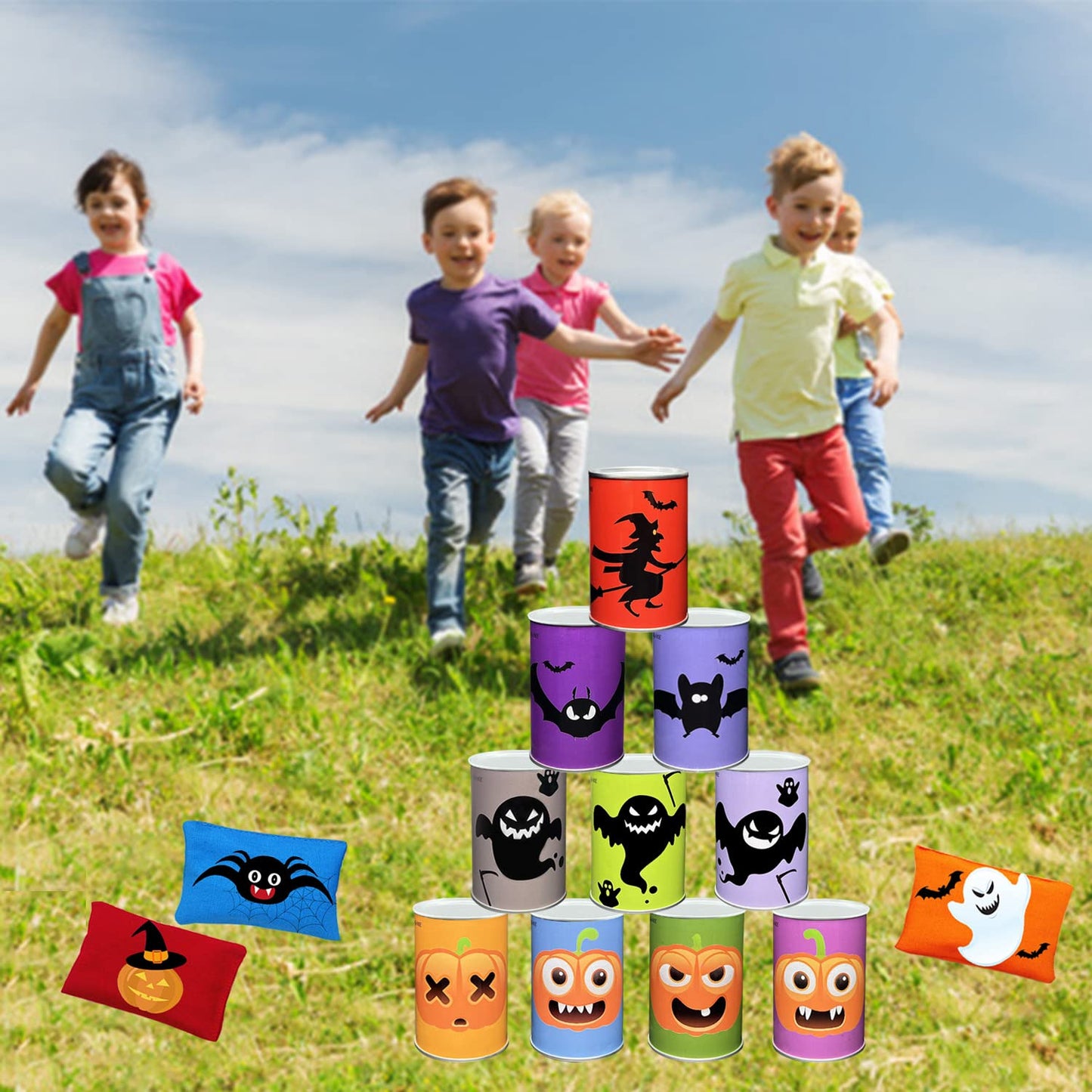 Ulifeme Kids Can Toss, can throwing game for children's birthdays & parties, Can Toss game gift with 10pcs Halloween-themed cans & 3pcs tossing bags set for kids & adults outdoor games.