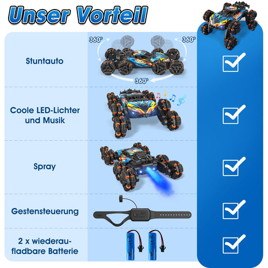 AYIQUTY Remote Control Car, Remote Control Car for 3 4 5 6 7 8 9 10 years old, 8WD Stunt and Hand Control, RC Drift with LED Light, Music, and Spray, RC Toy Gift for 3-12 years old boys