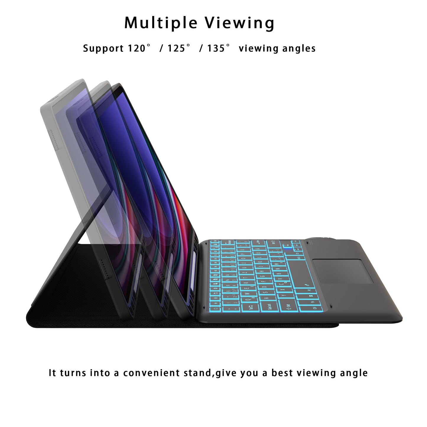 Keyboard case for Samsung Galaxy Tab S9 FE Plus / S9 Plus 12.4 Inch - 7 Color Backlit Touchpad Folio Tablet Cover - Backlit German QWERTZ Layout Keyboard for Tab S9 FE+ / S9+ Black