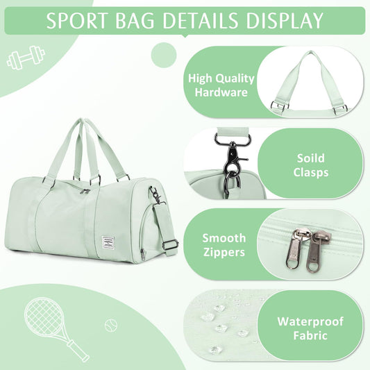 HYC00 sports bag for women, carry-on luggage for airplane, weekender bag, overnight bag, swim bag with wet compartment & shoe compartment, gym bag for women, hospital bag, travel duffle bag, light green