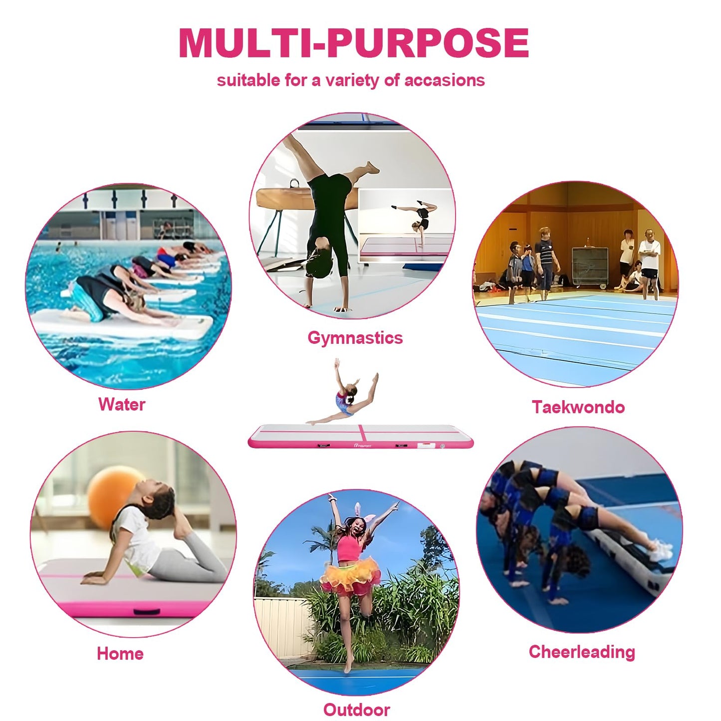 FBSPORT Airtrack mat, 10cm thick 5M tumbling mat, gymnastics mat with air pump, training mat with carrying bag, gymnastics mat for home, outdoor, yoga.