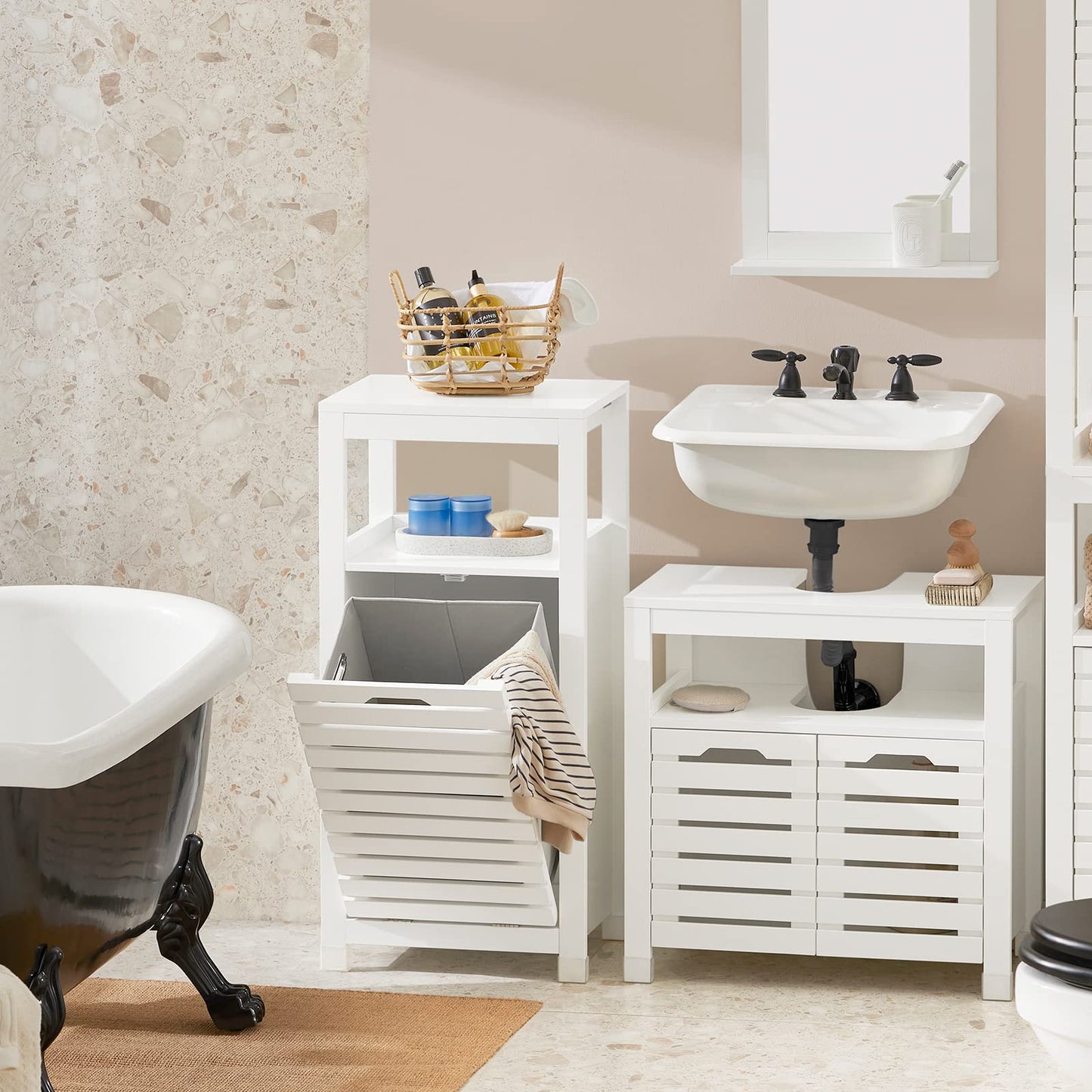SoBuy Bathroom Cabinet with Laundry Basket - Laundry Cabinet, Bathroom Cabinet with Fold-Out Laundry Bag, Compact Bathroom Shelf, Wooden Bathroom Furniture, White, 42x90x30cm, BZR67-W