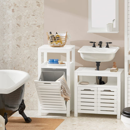 SoBuy Bathroom Cabinet with Laundry Basket - Laundry Cabinet, Bathroom Cabinet with Fold-Out Laundry Bag, Compact Bathroom Shelf, Wooden Bathroom Furniture, White, 42x90x30cm, BZR67-W