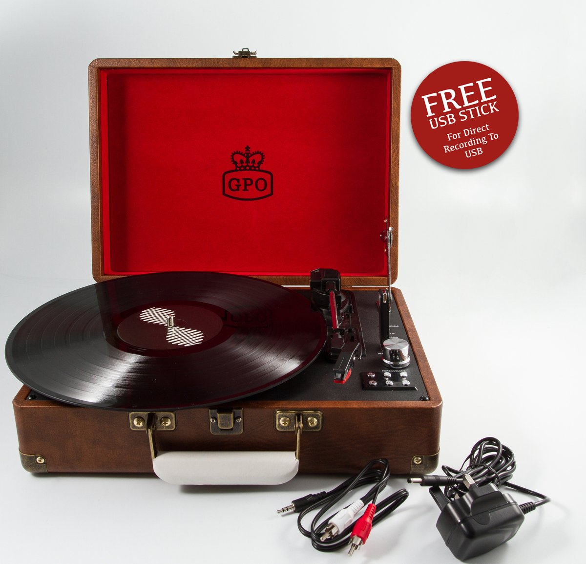 GPO Attache turntable in briefcase-style with vinyl player and built-in speakers, vintage brown.