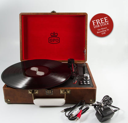 GPO Attache turntable in briefcase-style with vinyl player and built-in speakers, vintage brown.